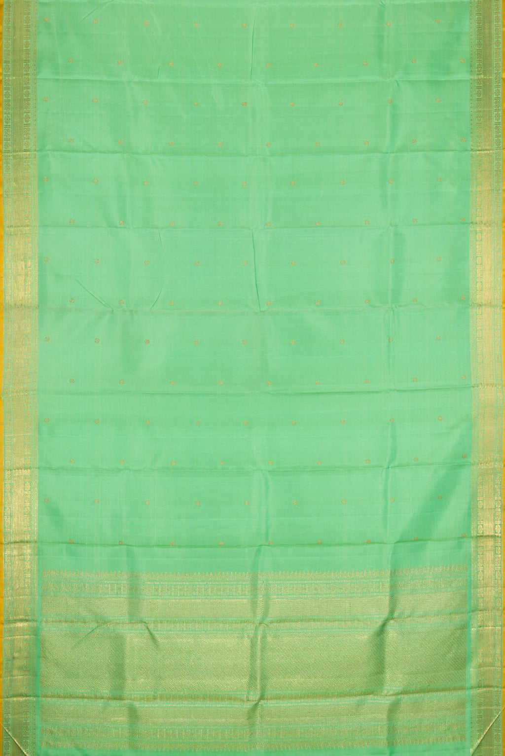 Flat view of Sea Green Dual Tone Kanchipuram Silk Saree with Zari Butta on the body and Zari Border