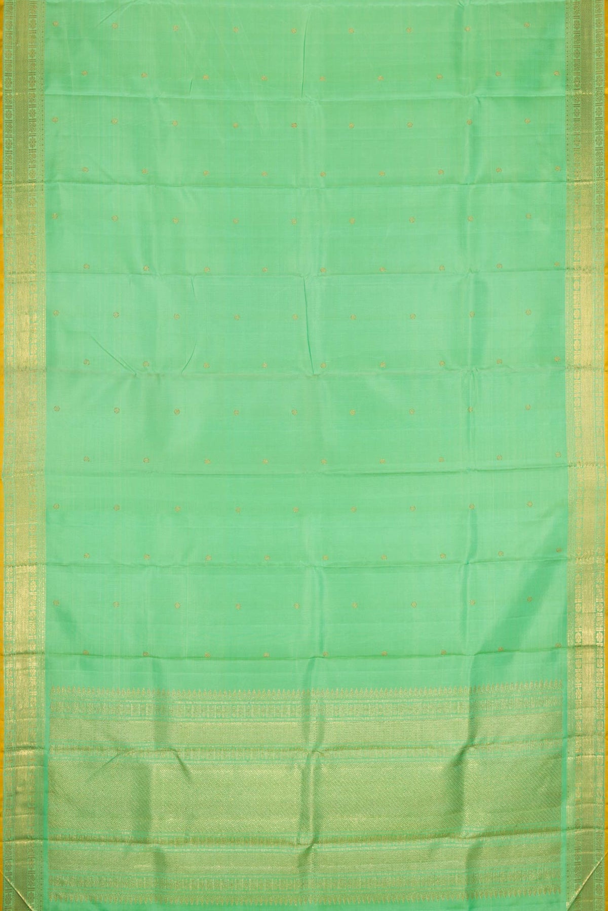 Flat view of Sea Green Dual Tone Kanchipuram Silk Saree with Zari Butta on the body and Zari Border