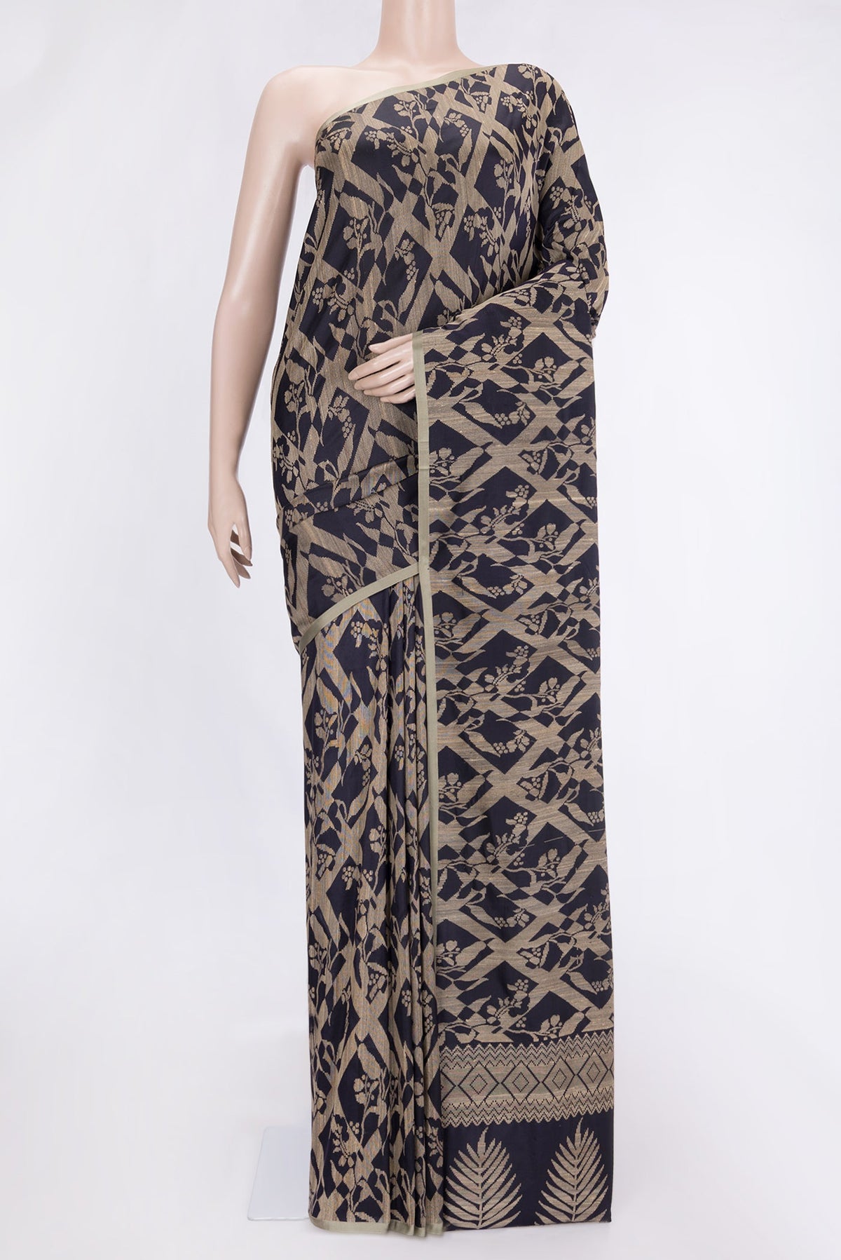 Navy Blue Dual Tone Tussar Silk Saree with Jacquard design on the body and Plain Border.  displayed on a mannequin