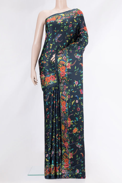 Navy Blue Dual Tone Mysore Crepe Saree with Printed design on the body and Printed Border.  displayed on a mannequin