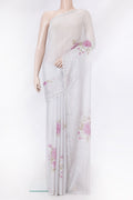 Grey Dual Tone Georgette Saree with Embroidery on the body and Embroidery Border.  displayed on a mannequin