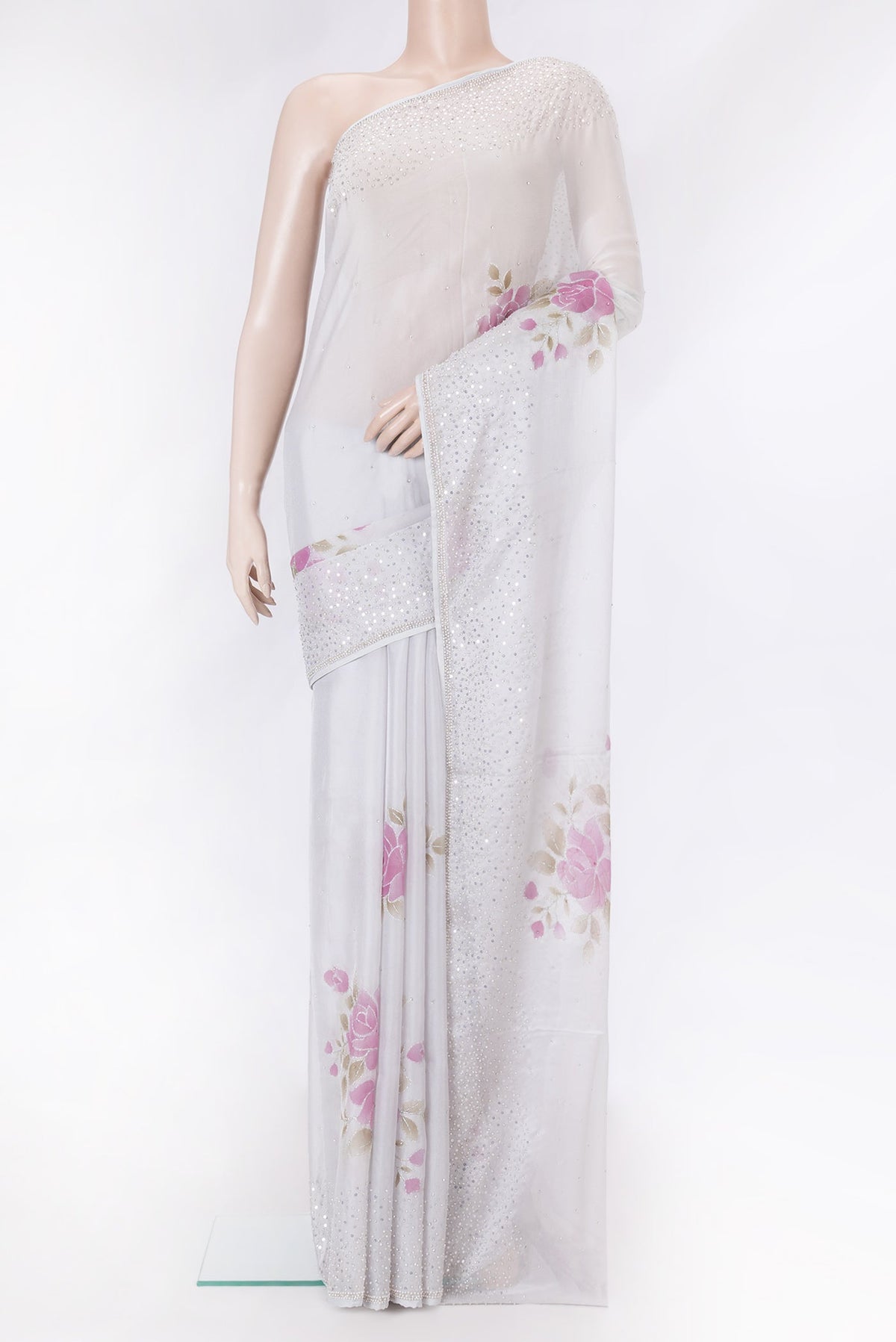 Grey Dual Tone Georgette Saree with Embroidery on the body and Embroidery Border.  displayed on a mannequin