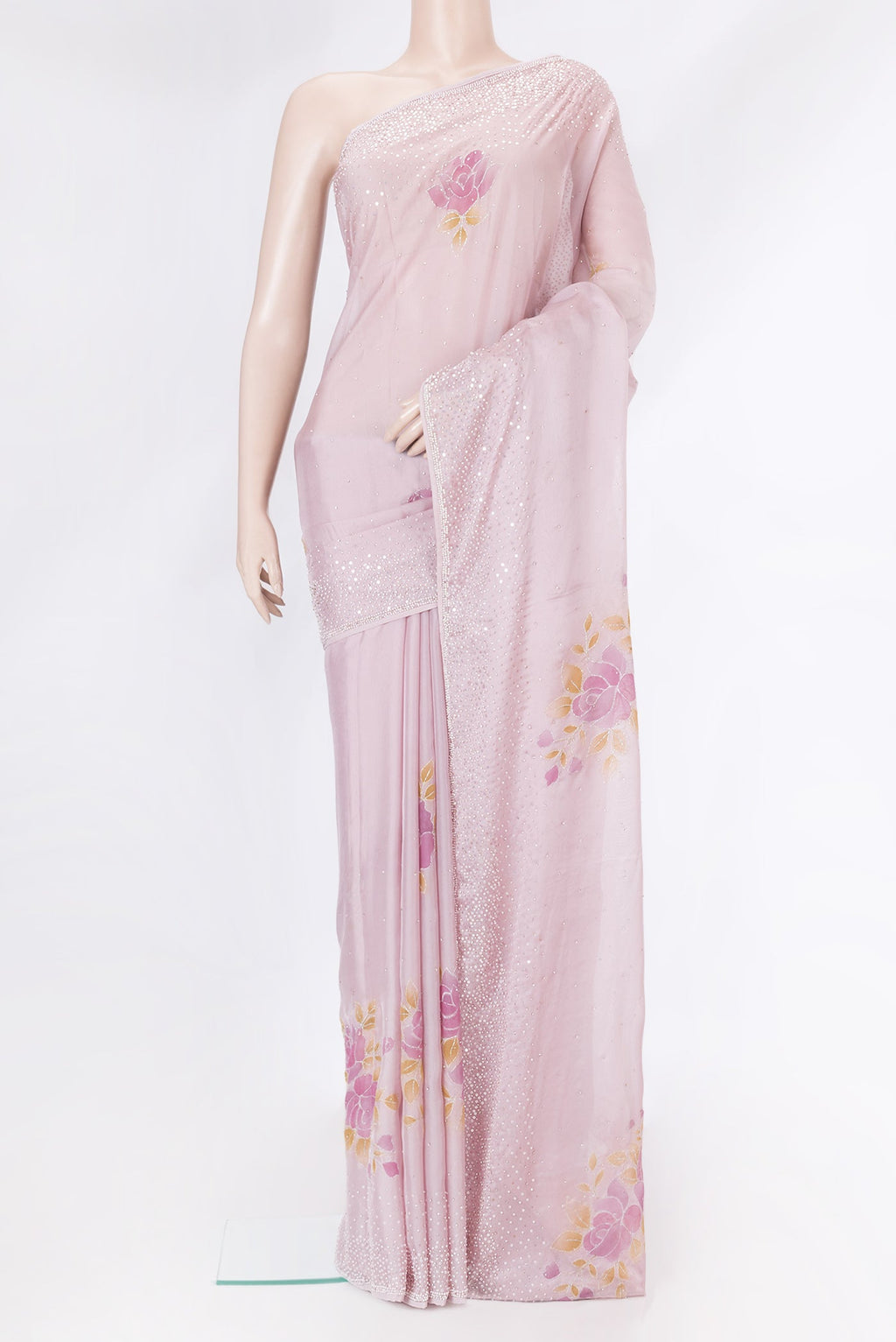 Pink Dual Tone Georgette Saree with Embroidery on the body and Embroidery Border.  displayed on a mannequin