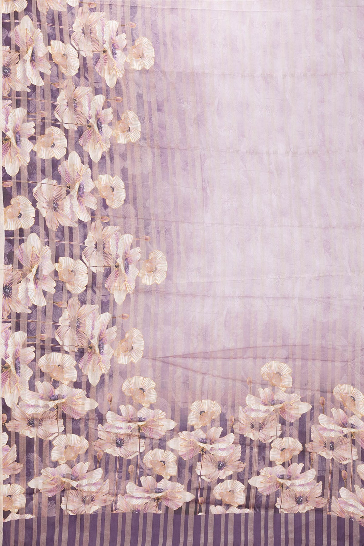 Flat view of Lavender Dual Tone Tussar Silk Saree with Printed design on the body and Zari Border. 