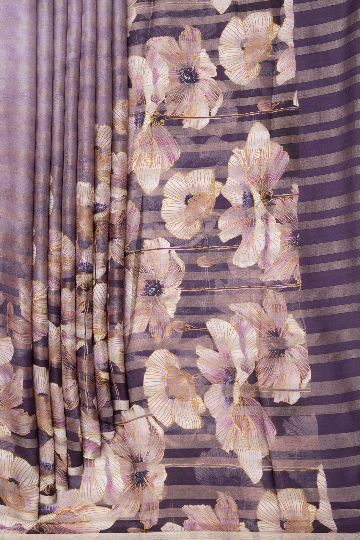 Pleats and pallu of Lavender Dual Tone Tussar Silk Saree with Printed design on the body and Zari Border. 