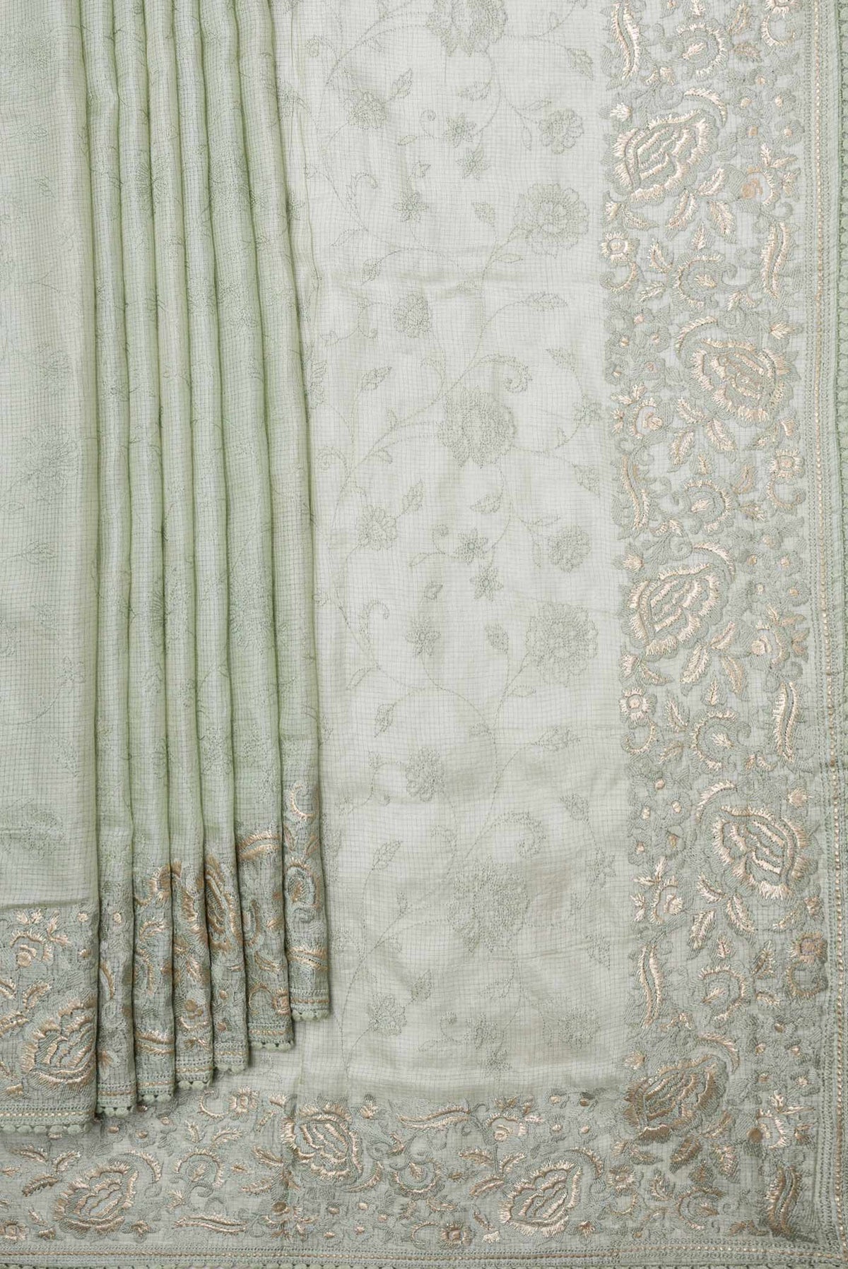Pleats and pallu of Pista Green Dual Tone Tussar Saree with Embroidery on the body and Embroidery Border