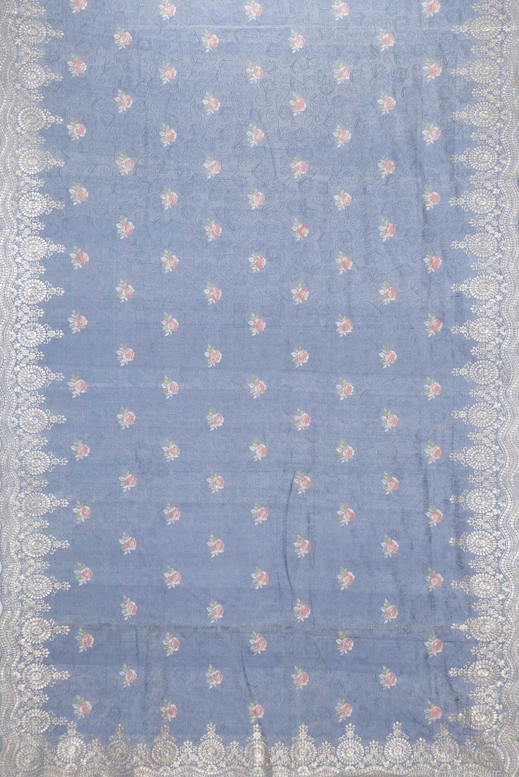 Flat view of Blue Grey Tussar Silk Saree with Embroidery on the body and Embroidery Border