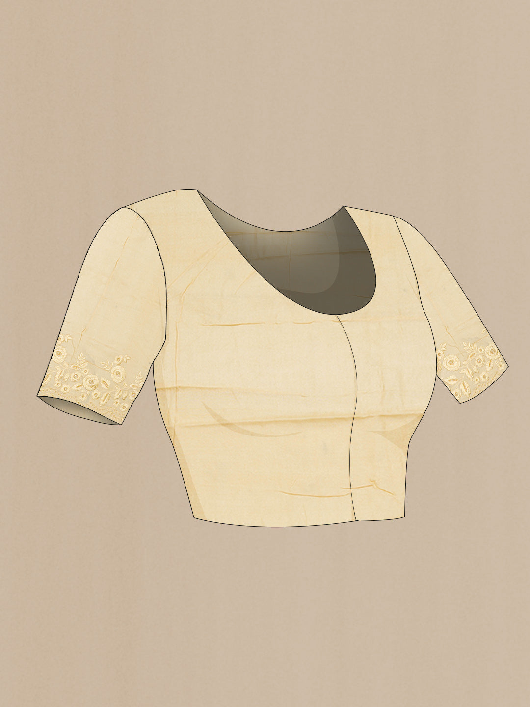 Close up image of the blouse of Sandal Dual Tone Tussar Saree with Embroidery on the body and Embroidery Border