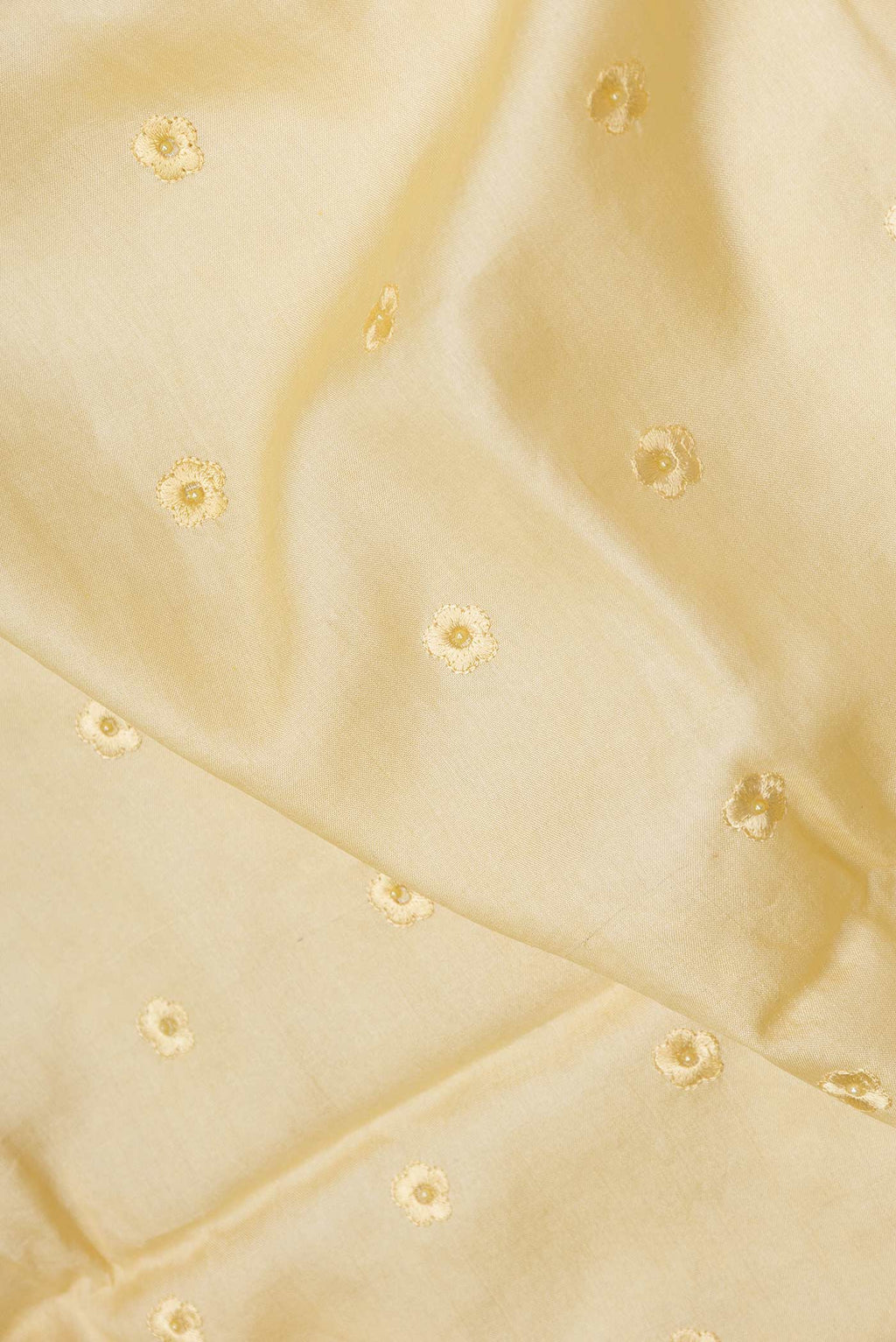 Close up of Sandal Dual Tone Tussar Saree with Embroidery on the body and Embroidery Border displaying folds