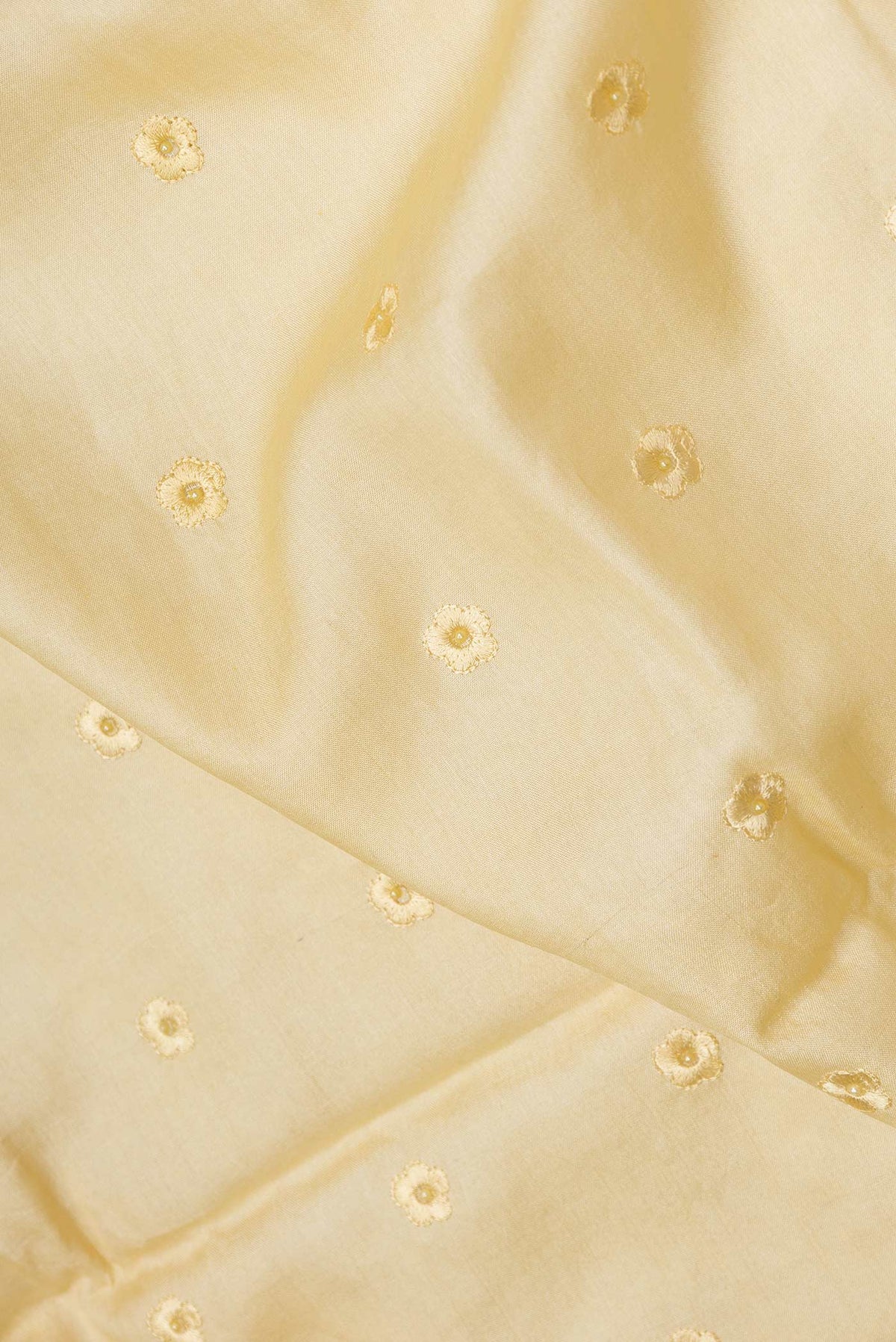 Close up of Sandal Dual Tone Tussar Saree with Embroidery on the body and Embroidery Border displaying folds