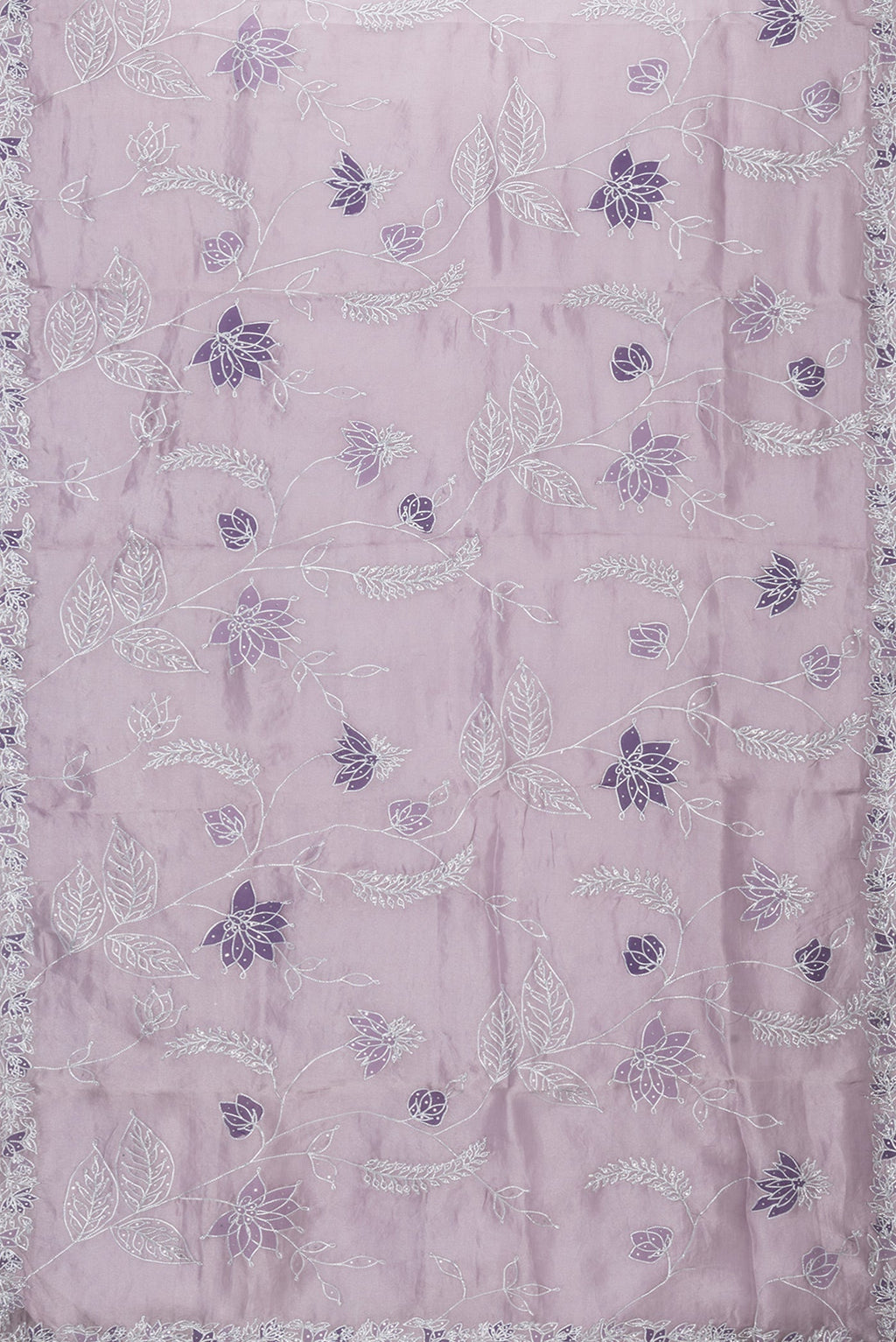Flat view of Lavender Dual Tone Organza Silk Saree with Embroidery on the body and Embroidery Border. 