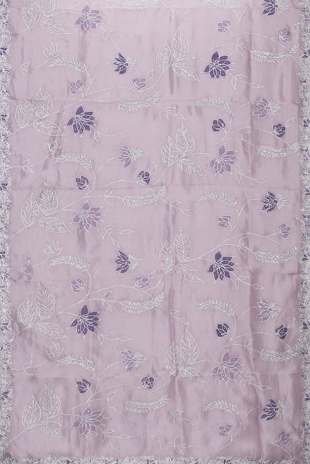 Flat view of Lavender Dual Tone Organza Silk Saree with Embroidery on the body and Embroidery Border. 