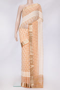Sandal Dual Tone Mysore Chiffon Saree with Printed design on the body and Zari Border.  displayed on a mannequin