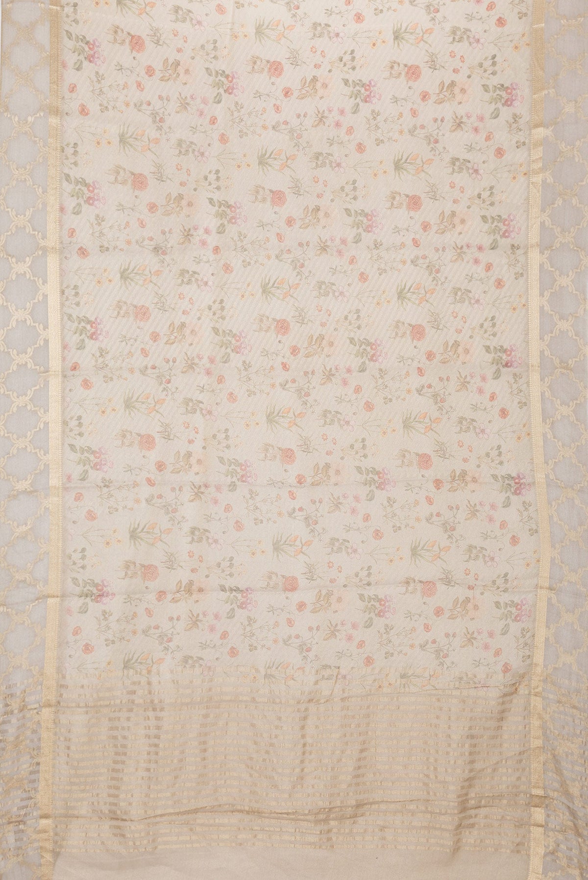 Flat view of Beige Dual Tone Mysore Georgette Saree with Printed design on the body and Fancy Border. 