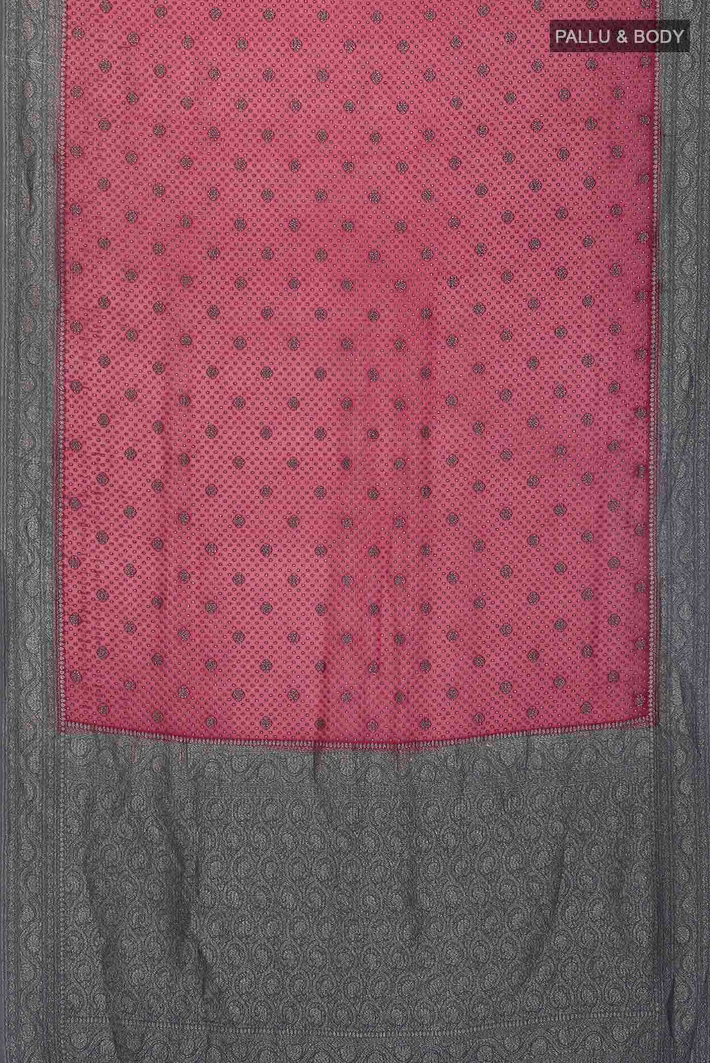 Flat view of Maroon Banarasi Georgette Saree with Zari Butta on the body and Zari Border