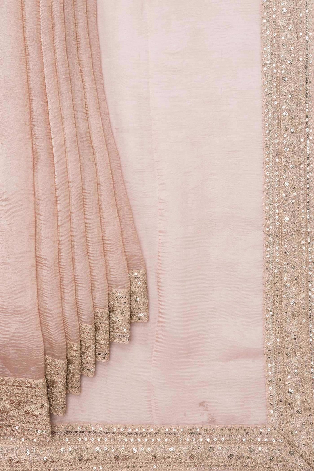 Pleats and pallu of Golden Peach Tissue Silk Saree with Plain Body and Embroidery Border