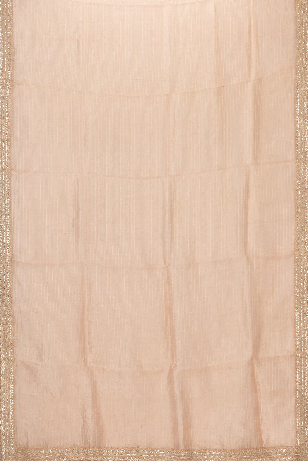 Flat view of Golden Peach Dual Tone Organza Silk Saree with Stripes on the body and Embroidery Border. 