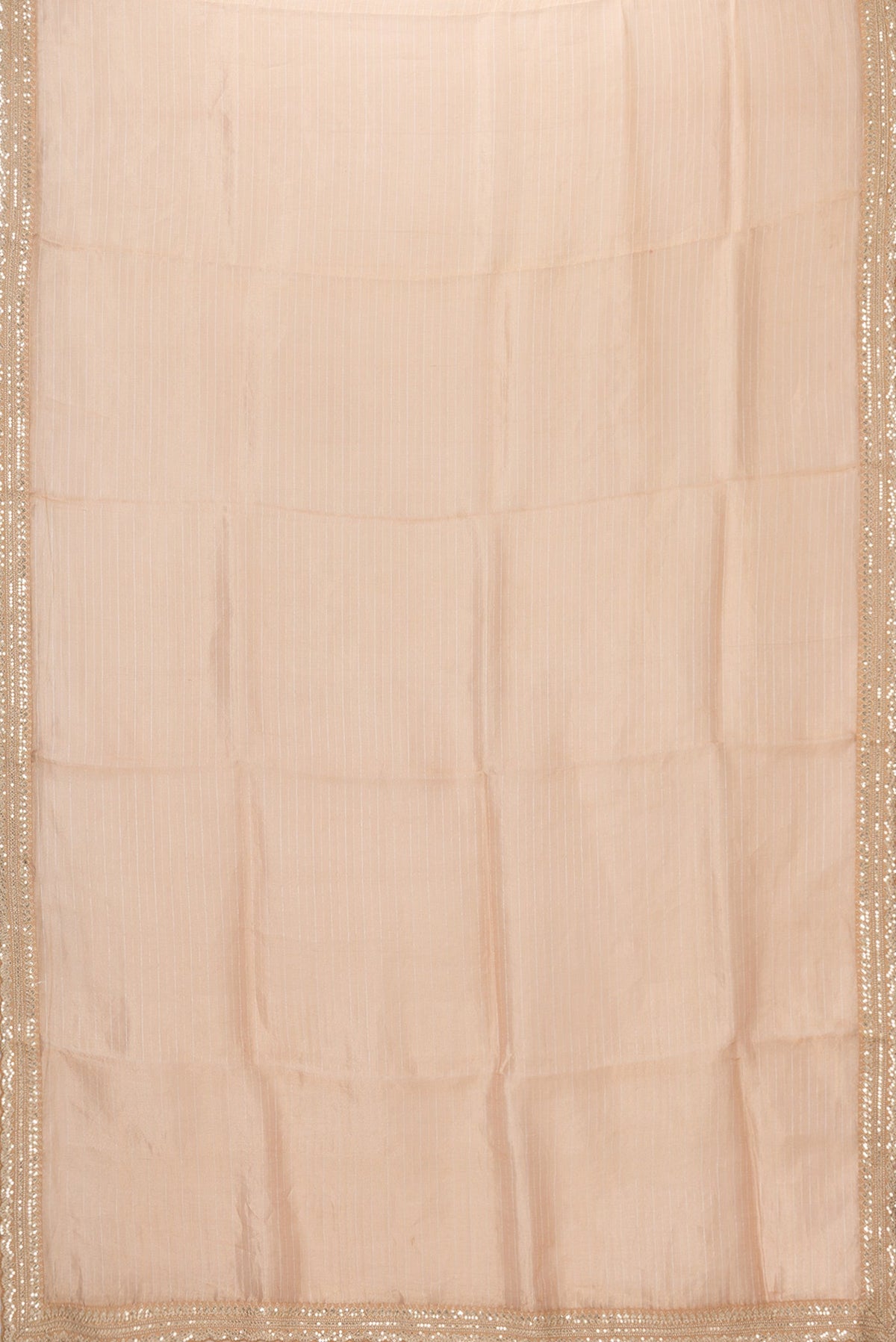 Flat view of Golden Peach Dual Tone Organza Silk Saree with Stripes on the body and Embroidery Border. 