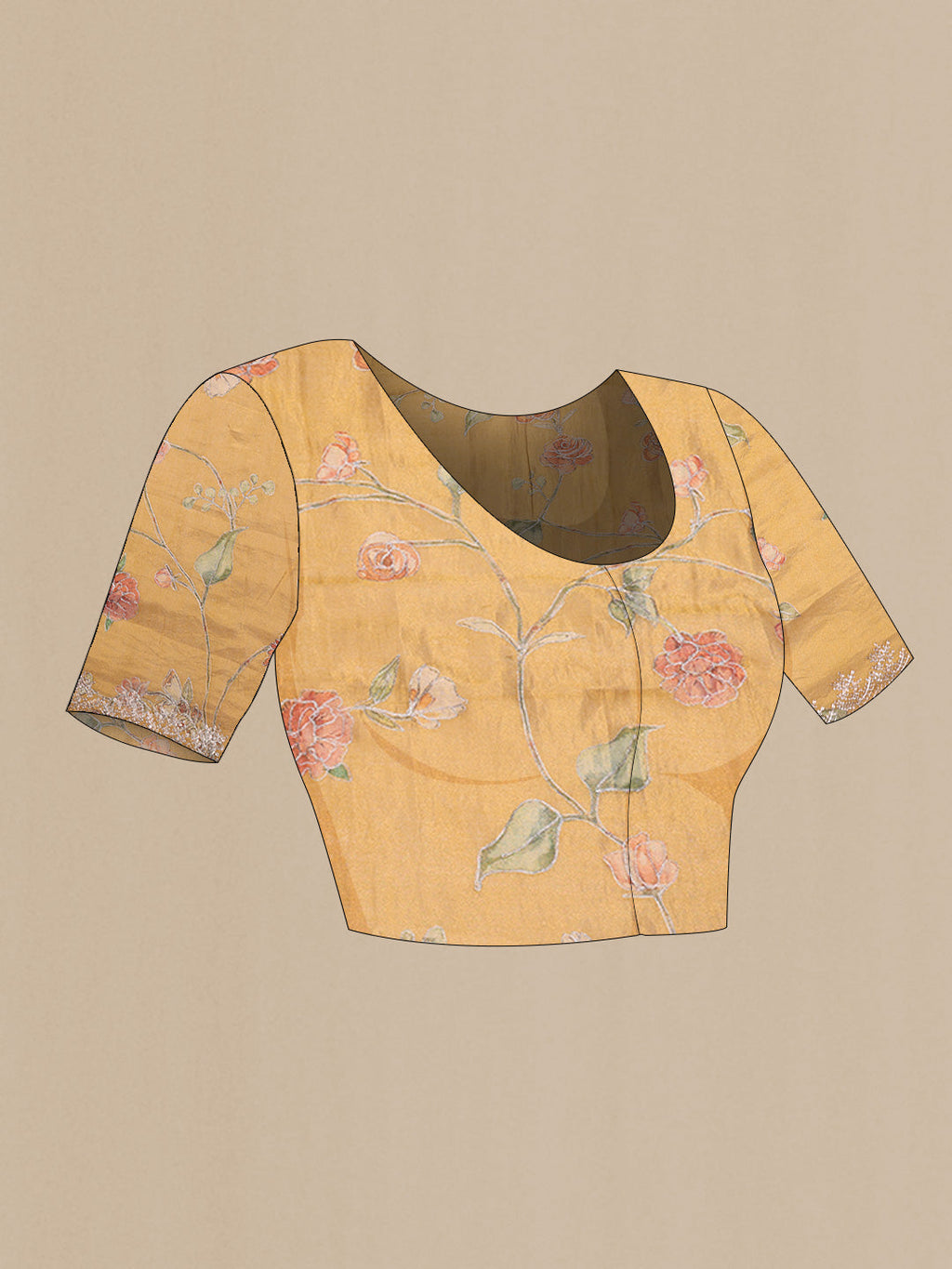 Close up image of the blouse of Gold Organza Silk Saree with Stripes on the body and Embroidery Border