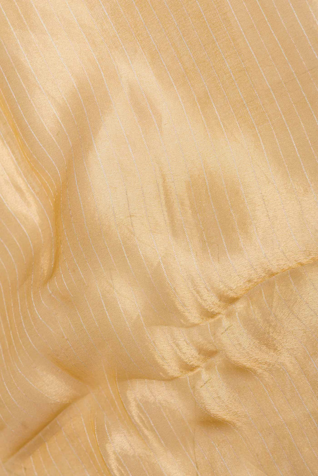 Close up of Gold Organza Silk Saree with Stripes on the body and Embroidery Border displaying folds