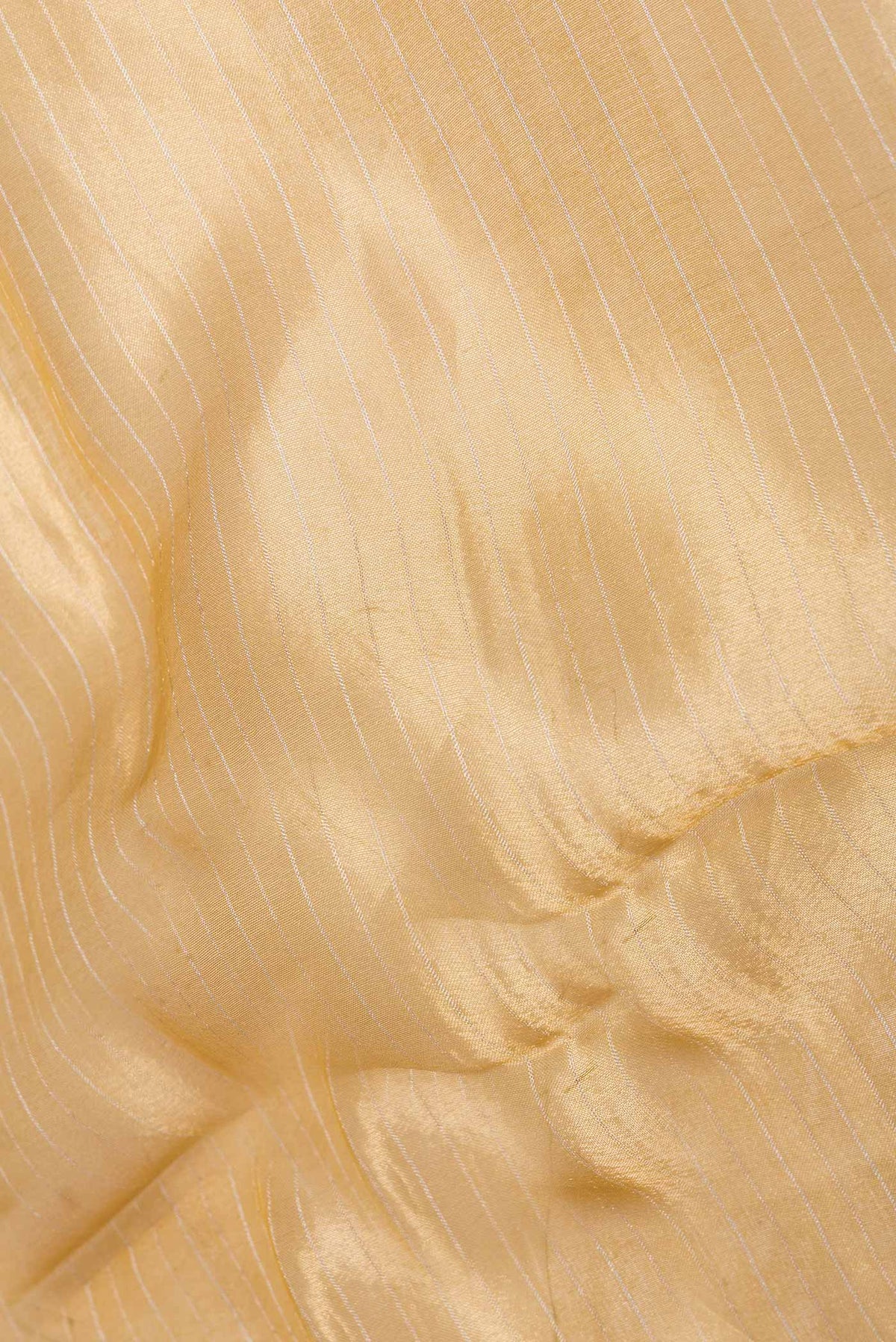 Close up of Gold Organza Silk Saree with Stripes on the body and Embroidery Border displaying folds