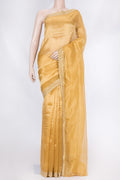 Gold Organza Silk Saree with Stripes on the body and Embroidery Border displayed on a mannequin