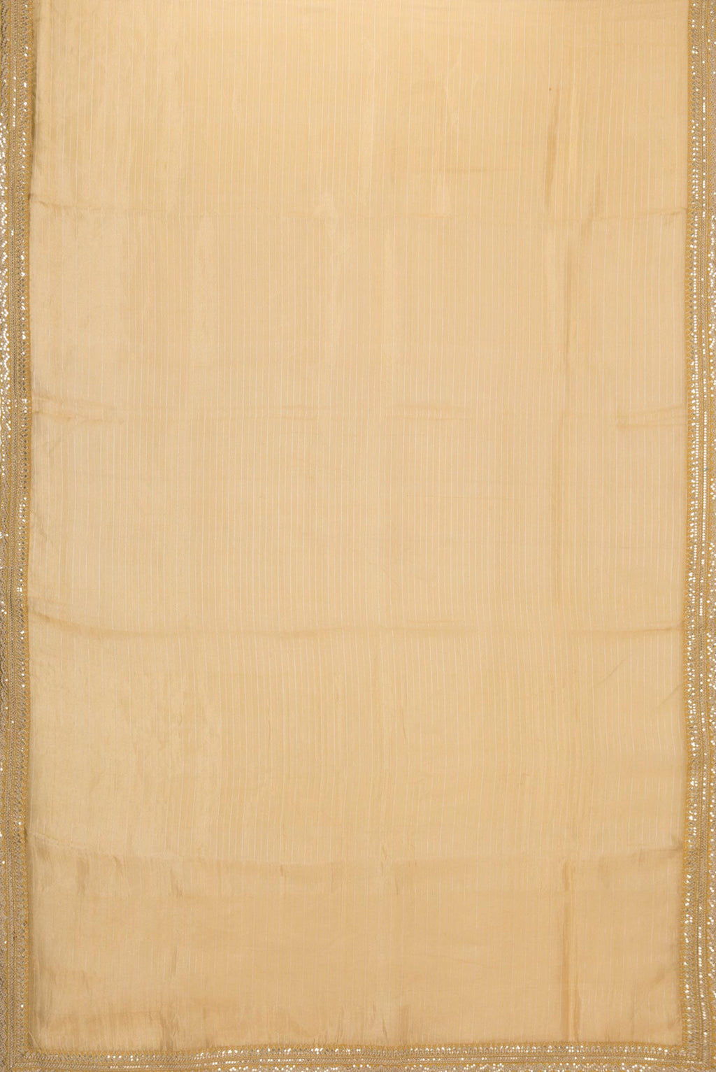 Flat view of Gold Organza Silk Saree with Stripes on the body and Embroidery Border