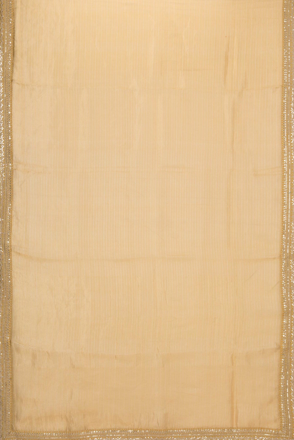 Flat view of Gold Organza Silk Saree with Stripes on the body and Embroidery Border