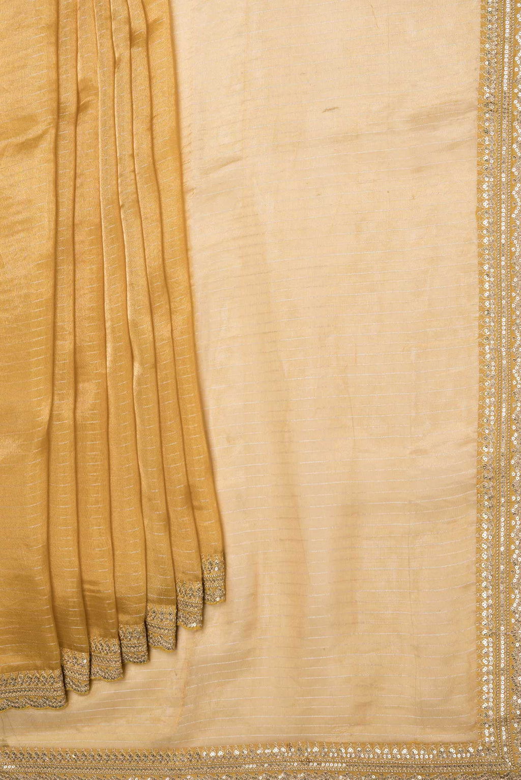 Pleats and pallu of Gold Organza Silk Saree with Stripes on the body and Embroidery Border