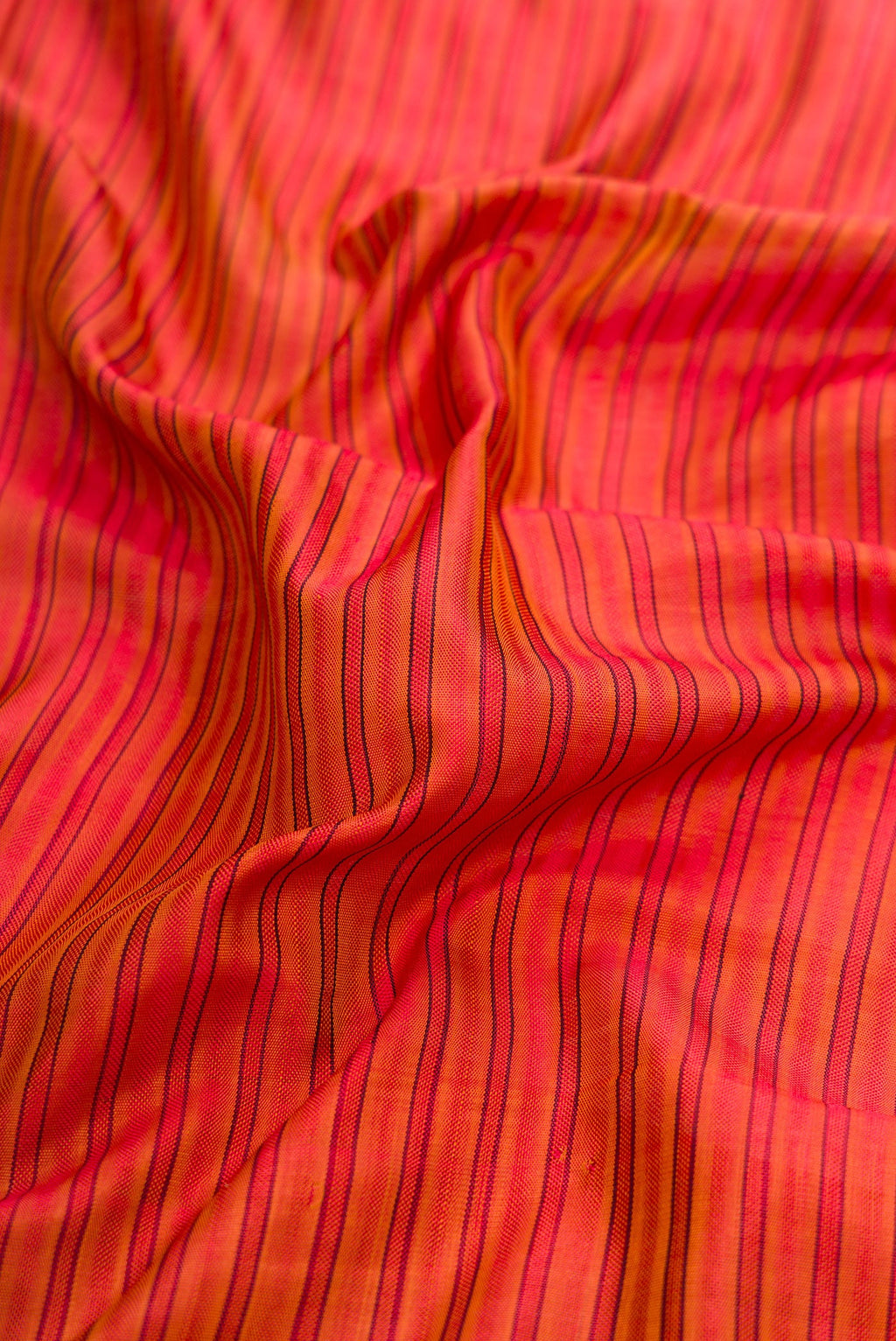 Close up of Red Dual Tone Rajkot Patola Silk Saree with Stripes on the body and Paithani Border.  displaying folds