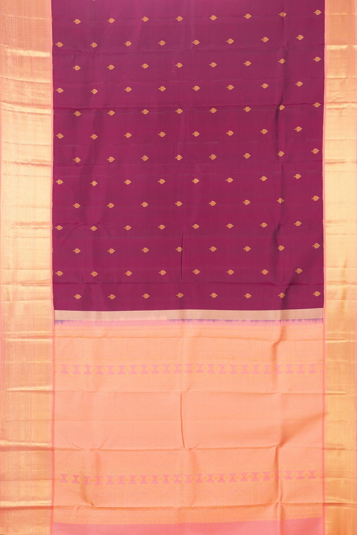 Flat view of Magenta Dual Tone Kanchipuram Saree with Zari Butta on the body and Zari Border