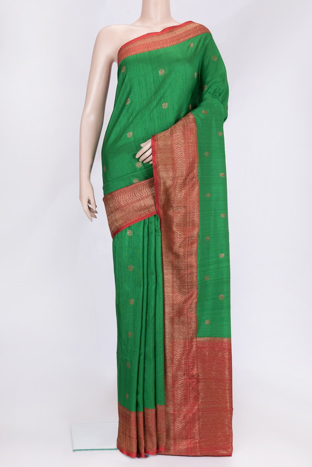 Green Dual Tone Raw Silk Saree with Zari Butta on the body and Zari Border.  displayed on a mannequin