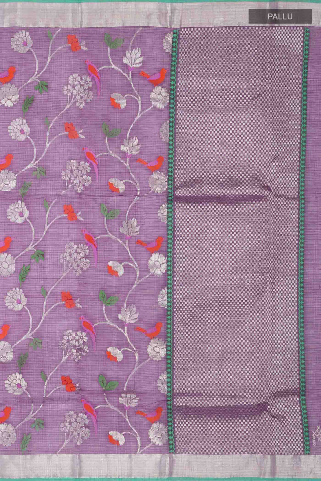 Close up image of the pallu of Blue Kota Silk Saree with Zari And Thread Butta on the body and Zari Border