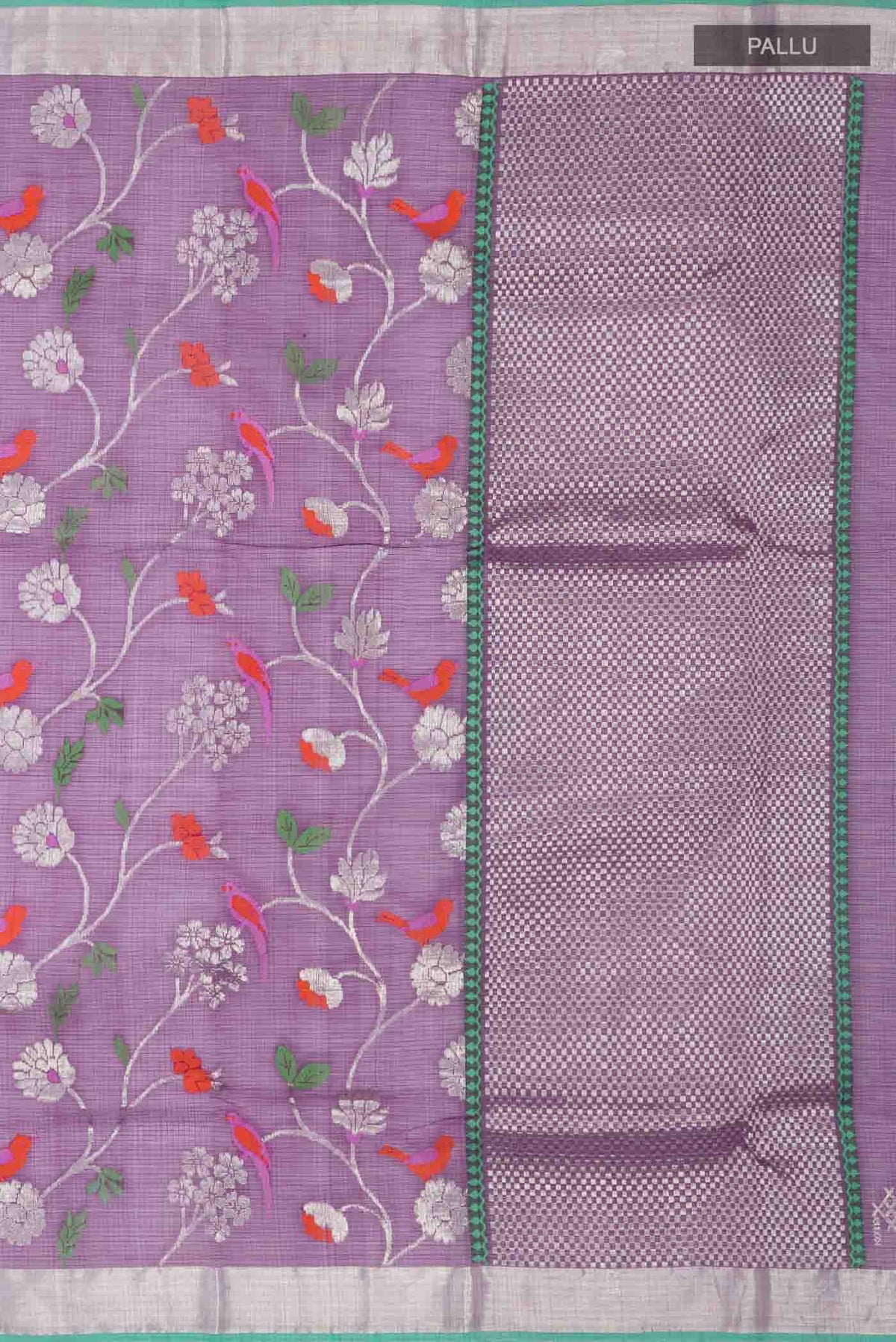 Close up image of the pallu of Blue Kota Silk Saree with Zari And Thread Butta on the body and Zari Border