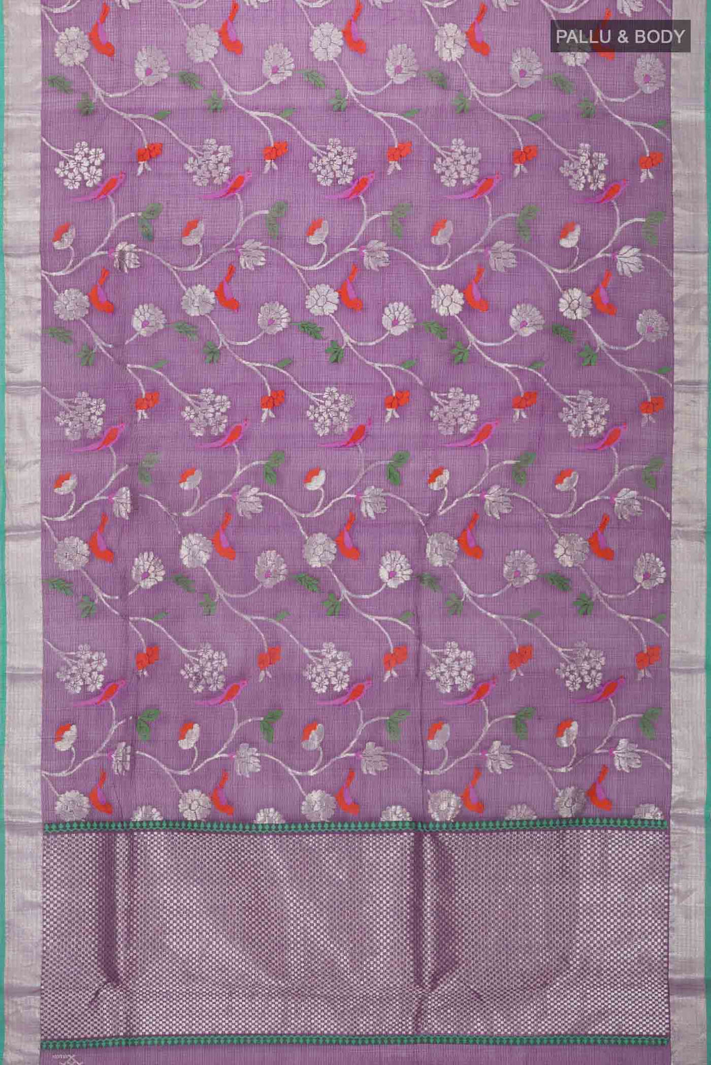 Flat view of Blue Kota Silk Saree with Zari And Thread Butta on the body and Zari Border