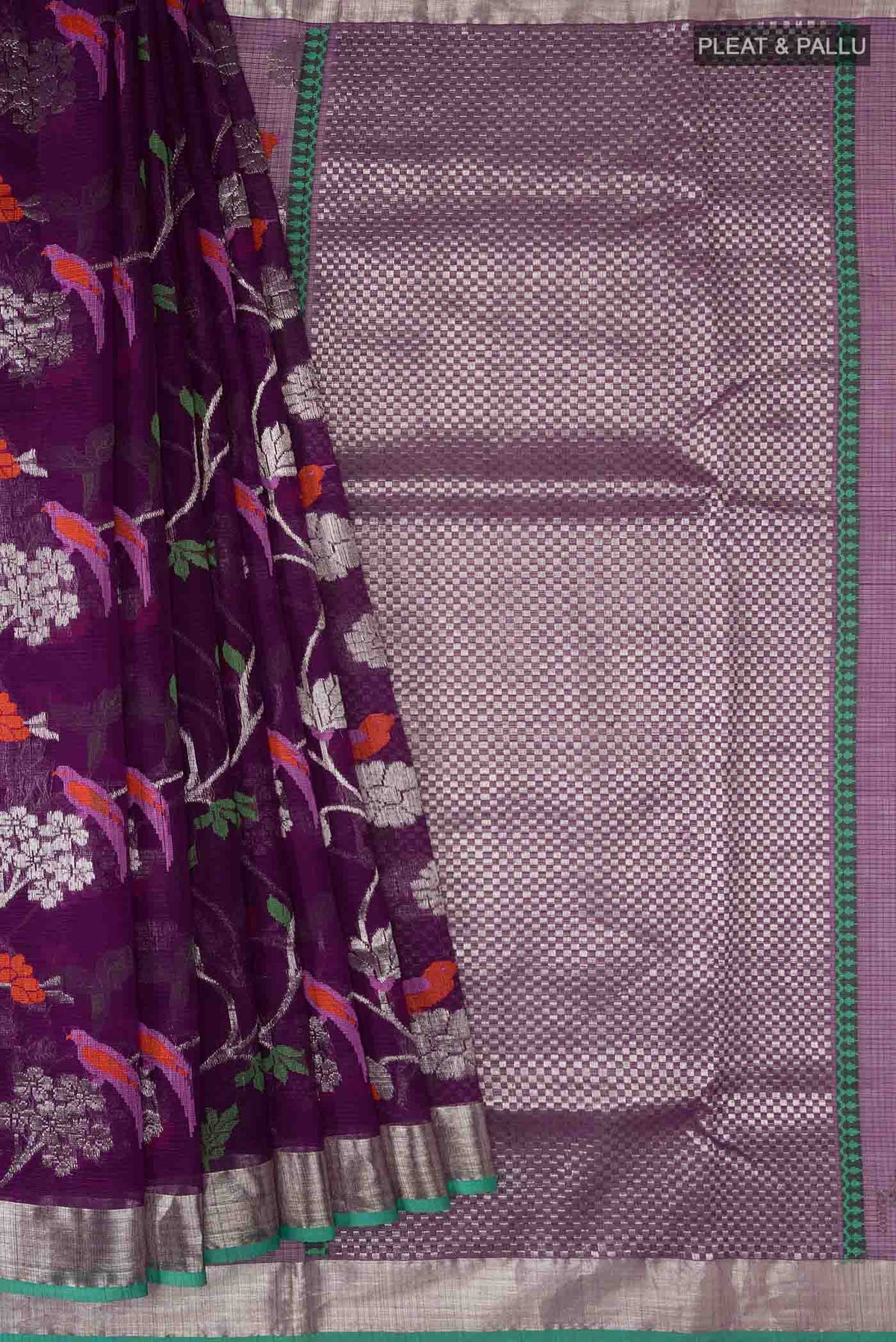 Pleats and pallu of Blue Kota Silk Saree with Zari And Thread Butta on the body and Zari Border