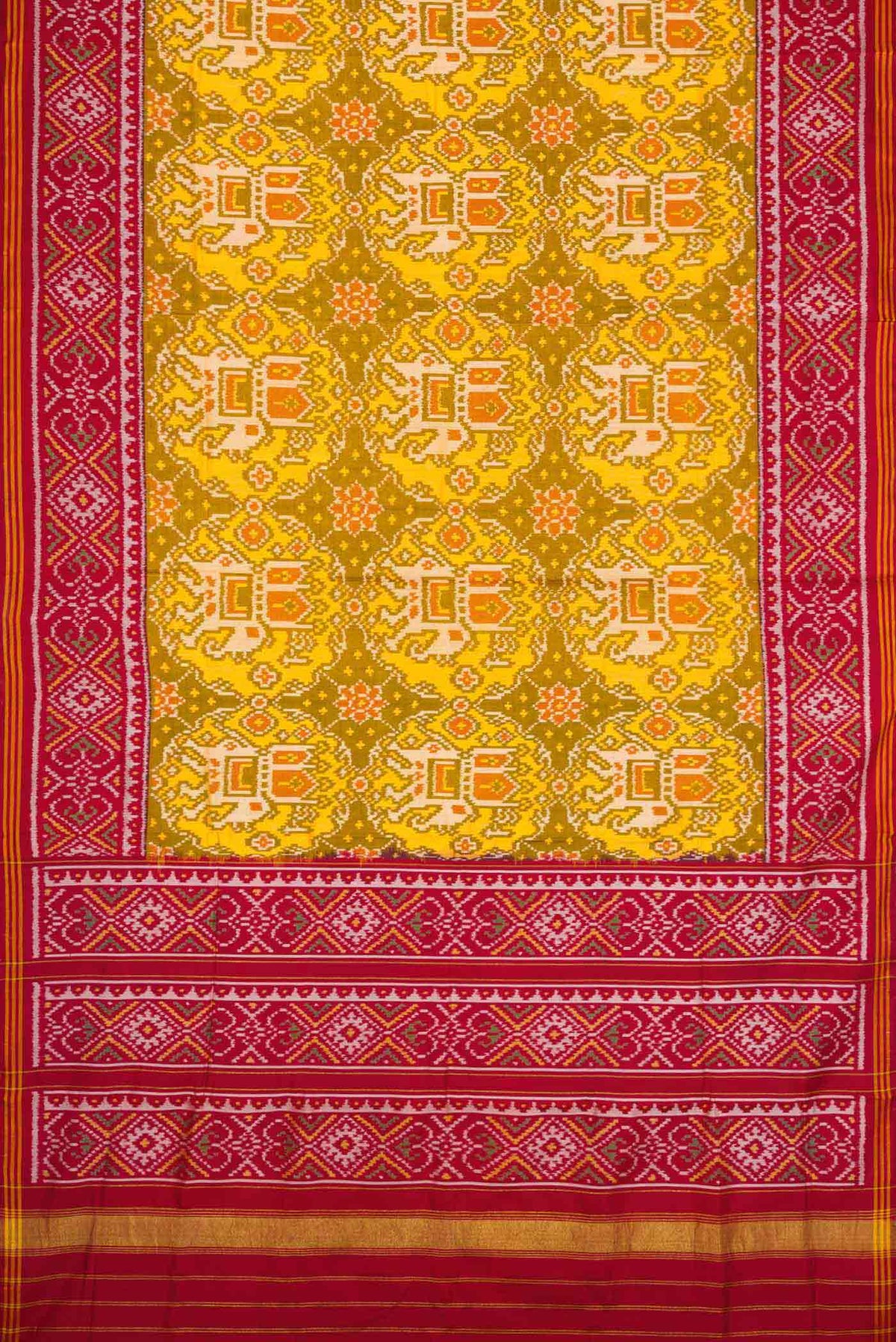 Flat view of Mehandi Green Dual Tone Rajkot Patola Silk Saree with Ikat Print on the body and Ikat Border