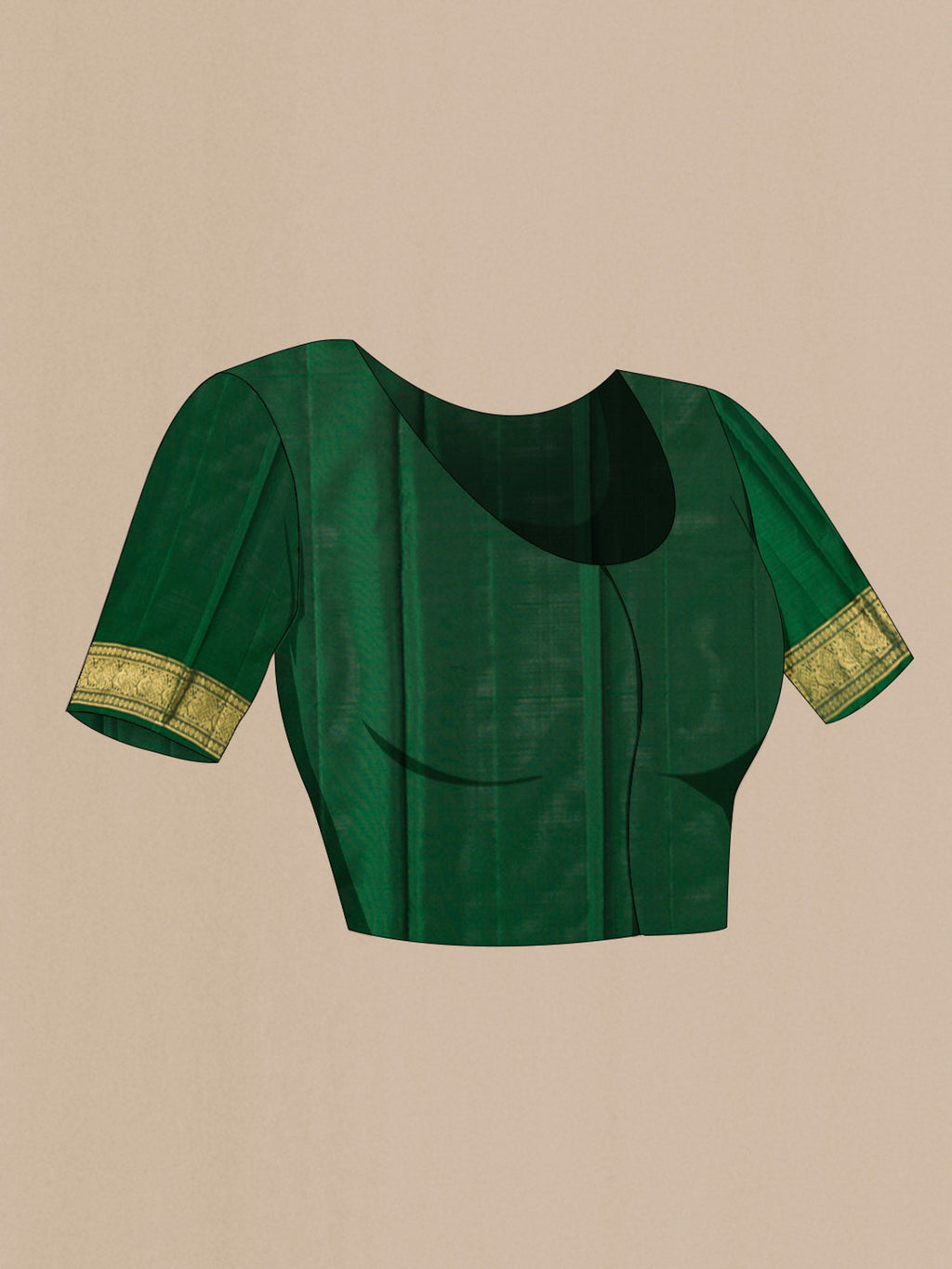 Close up image of the blouse of Green Kanchipuram Silk Saree with Zari Butta on the body and Zari Border