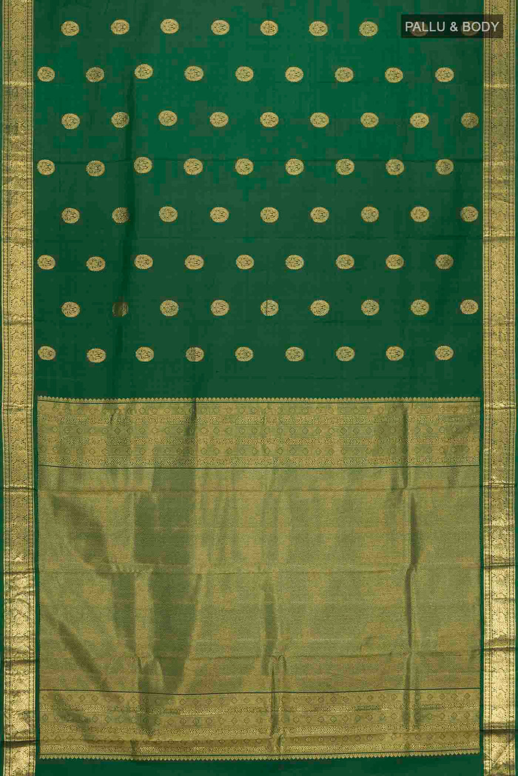 Flat view of Green Kanchipuram Silk Saree with Zari Butta on the body and Zari Border