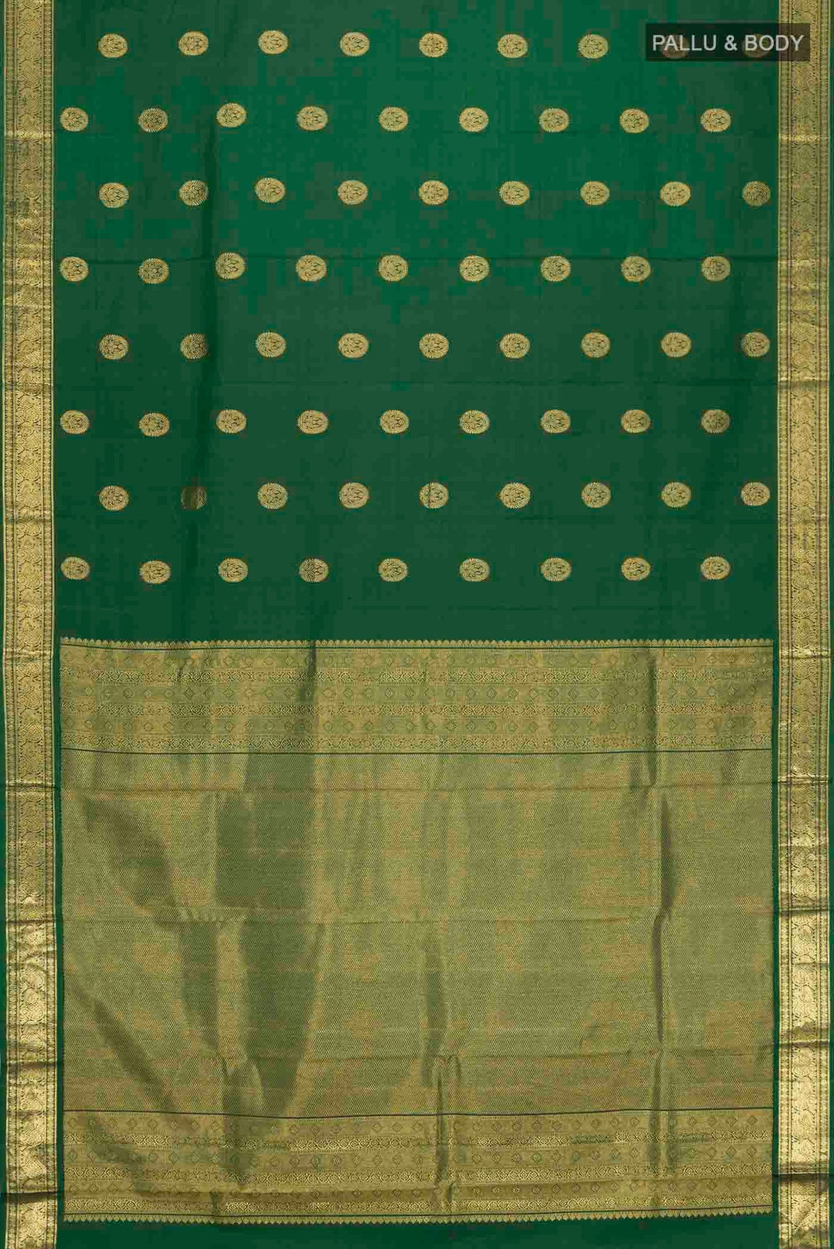 Flat view of Green Kanchipuram Silk Saree with Zari Butta on the body and Zari Border