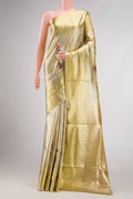Gold Dual Tone Kanjivaram Tissue Silk Saree with Zari Brocade on the body and Zari Border.  displayed on a mannequin