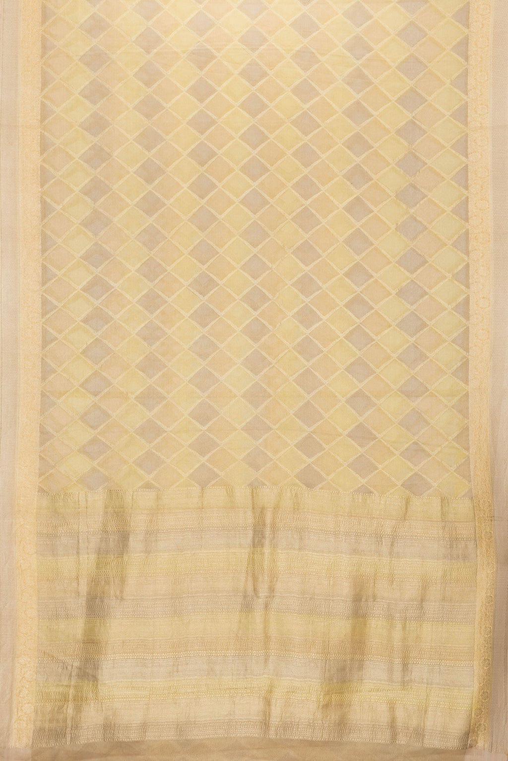 Flat view of Gold Dual Tone Mysore Georgette Saree with Zari Brocade on the body and Zari Border. 