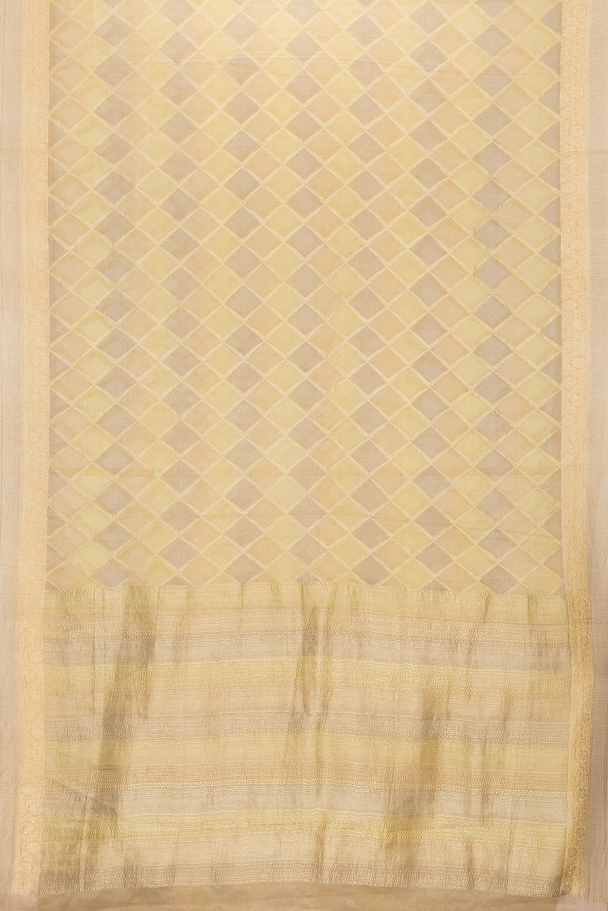 Flat view of Gold Dual Tone Mysore Georgette Saree with Zari Brocade on the body and Zari Border. 