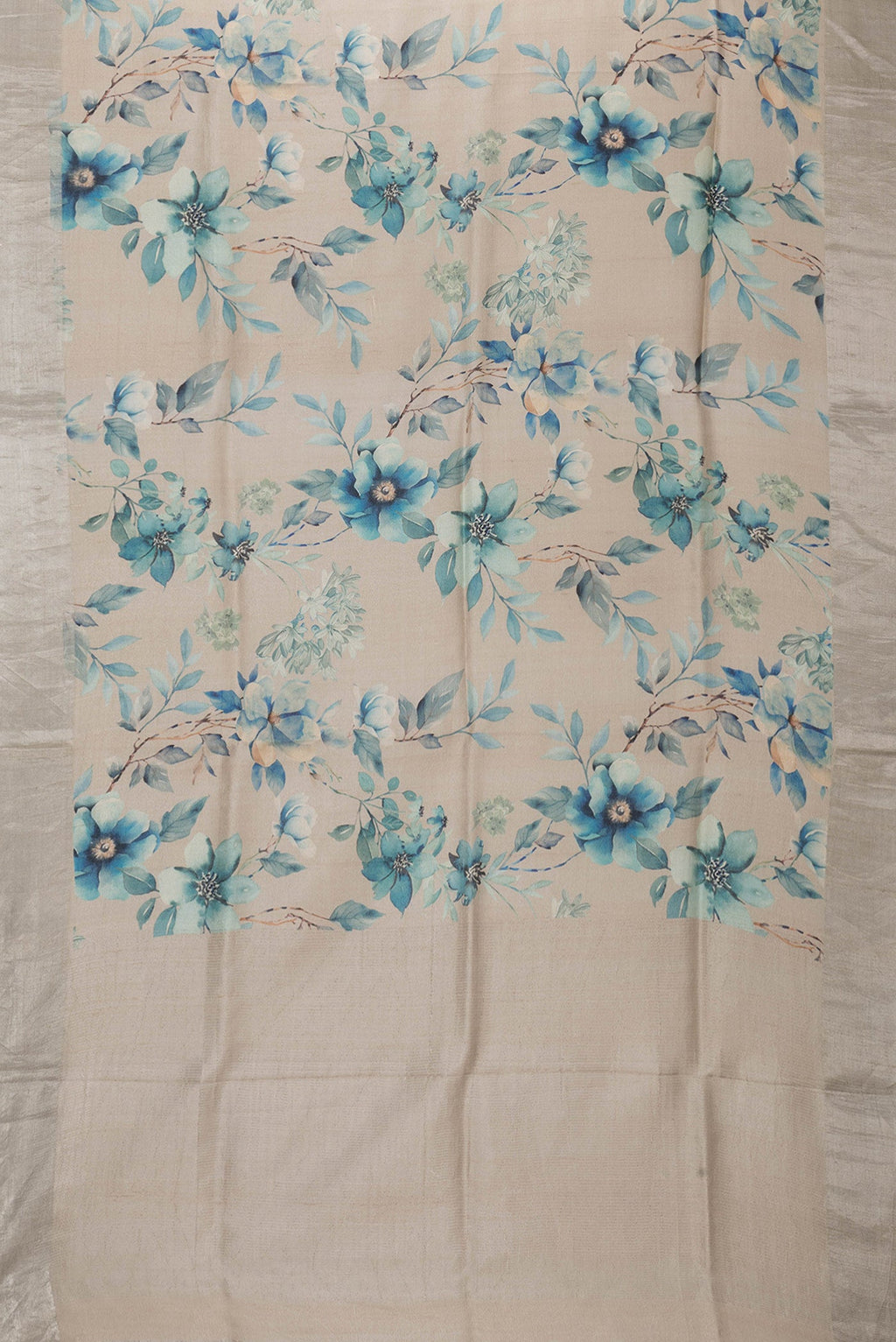 Flat view of Beige Dual Tone Tussar Silk Saree with Printed design on the body and Zari Border. 