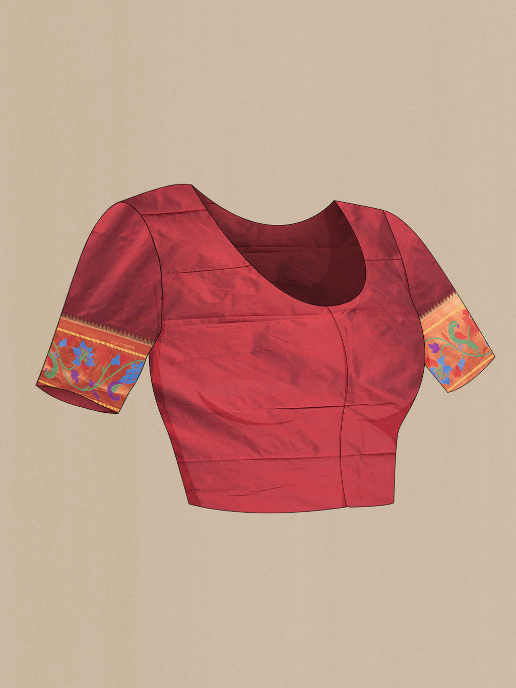 Close up image of the blouse of Maroon Dual Tone Paithani Silk Saree with Zari Butta on the body and Zari And Thread Border