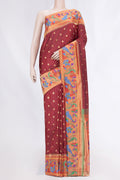 Maroon Dual Tone Paithani Silk Saree with Zari Butta on the body and Zari And Thread Border displayed on a mannequin