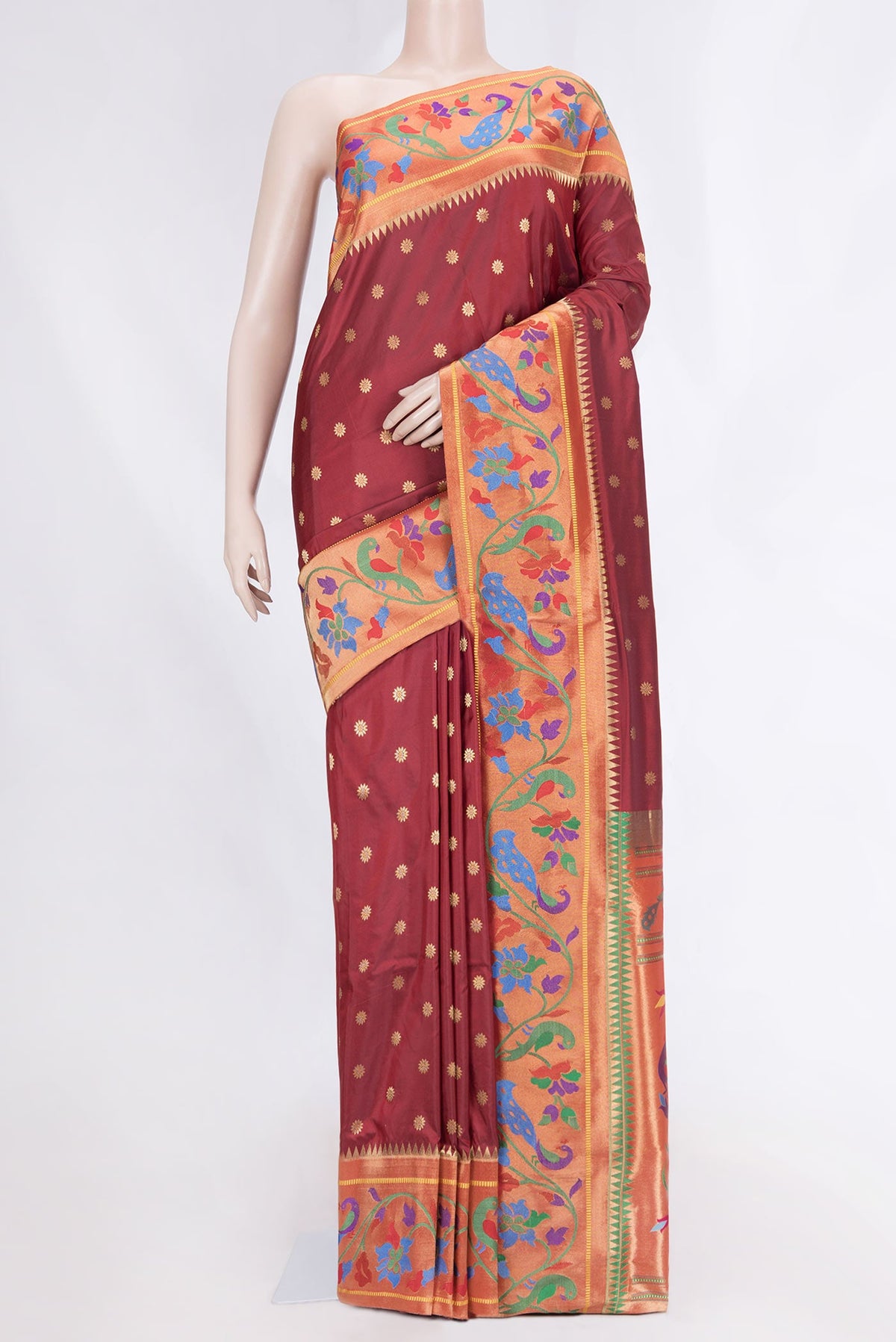 Maroon Dual Tone Paithani Silk Saree with Zari Butta on the body and Zari And Thread Border displayed on a mannequin