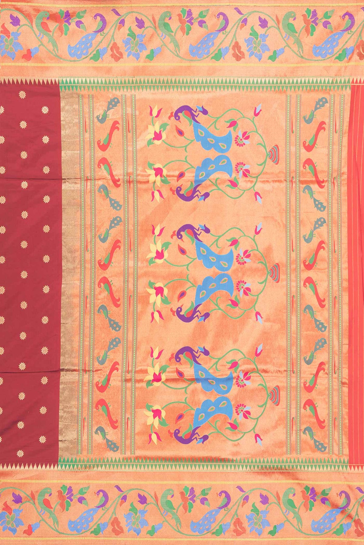Close up image of the pallu of Maroon Dual Tone Paithani Silk Saree with Zari Butta on the body and Zari And Thread Border