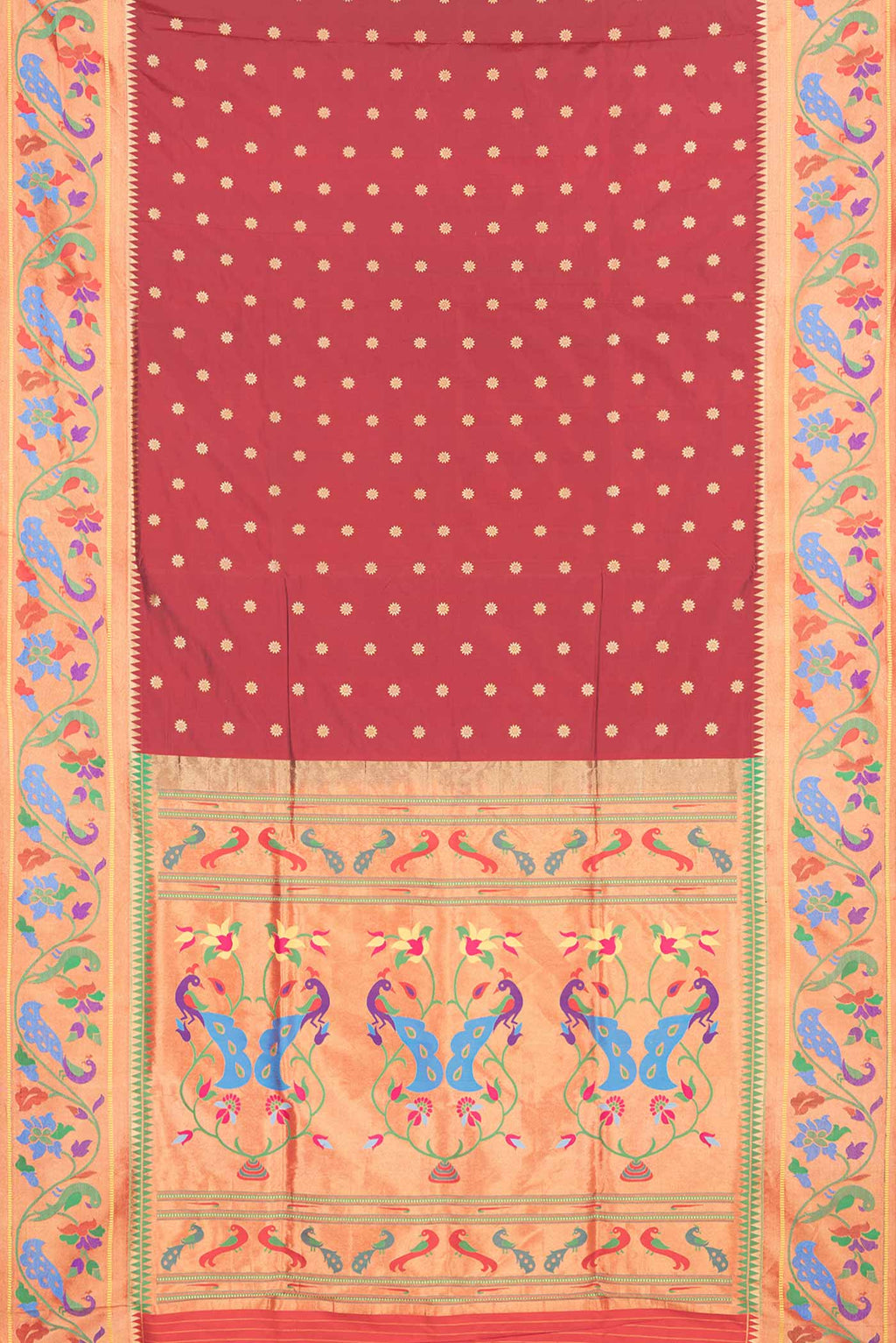 Flat view of Maroon Dual Tone Paithani Silk Saree with Zari Butta on the body and Zari And Thread Border