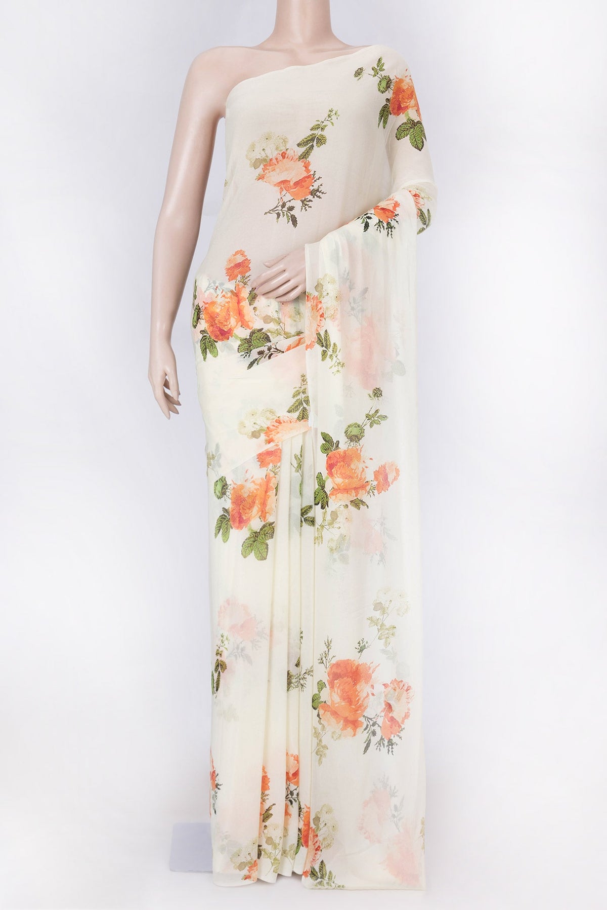 Cream Mysore Georgette Saree with Floral Print on the body and Without Border displayed on a mannequin